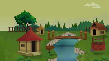 Village life cartoon animation, day to night time lapse seamless loop, countryside sun or moon rises and set, mountain video