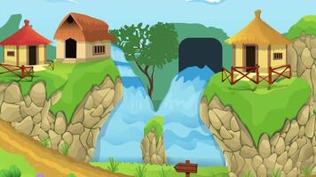 Day Front road, houses on mountains, water lake, village life cartoon animation, day time lapse seamless loop, countryside sunset video