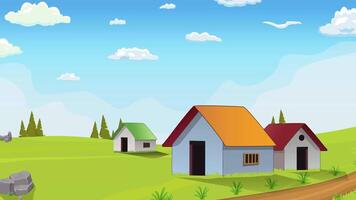 Day Poor village with three houses landscape area, village life cartoon animation, day time lapse seamless loop, countryside sunset video