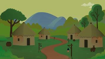 Village life cartoon animation, day to night time lapse seamless loop, countryside sun or moon rises and set, full moon video