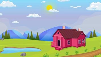 Day House on ground with lake, mountains, village life cartoon animation, day time lapse seamless loop, countryside sunset video