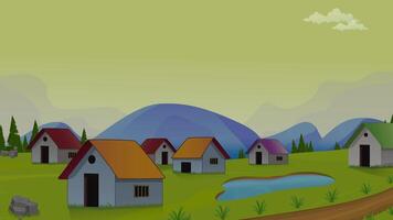 Village life cartoon animation, day to night time lapse seamless loop, countryside sun or moon rises and set, landscape video
