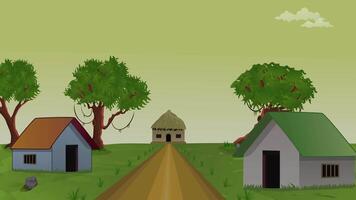 Village life cartoon animation, day to night time lapse seamless loop, countryside sun or moon rises and set, moon video