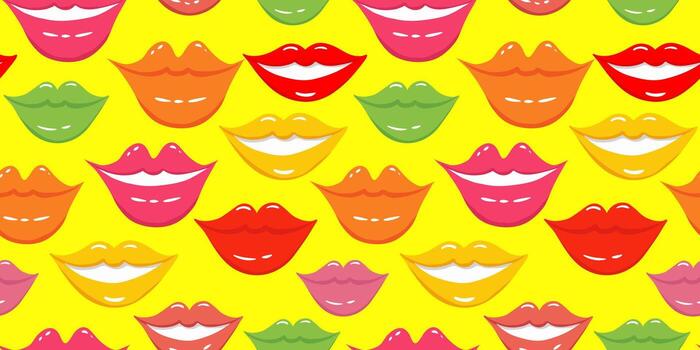 cheerful flat art seamless pattern with smiling lips on yellow background playful vibrant design for happy occasions vector