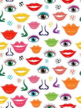 resumen divertido sin costura modelo con brillante dibujos animados facial caracteristicas aislado en blanco fondo creativo gráfico web diseño vector