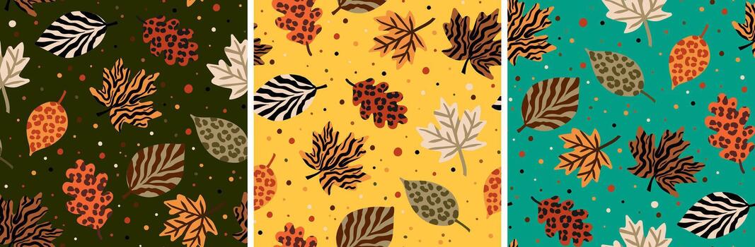 abstract autumn leaves seamless pattern set with animal print textures polka dots three variations fall season background designs vector