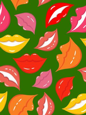 cartoon lips and smiles seamless pattern on green background, bold and colorful abstract pop design