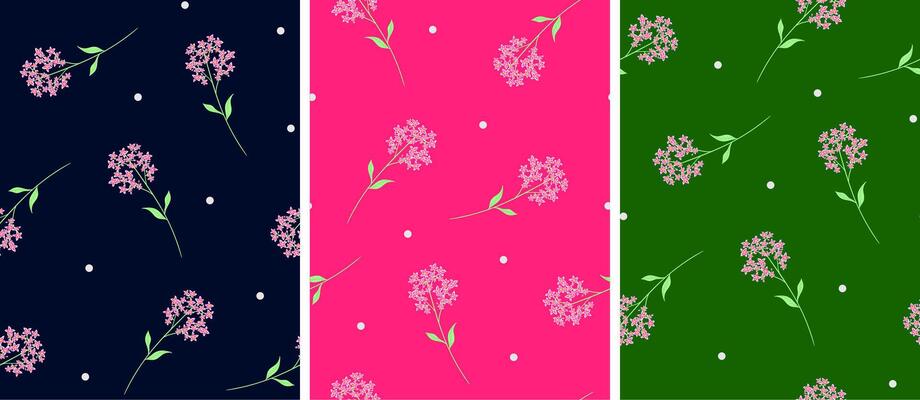 seamless phlox flower and polka dot pattern set on dark blue hot pink and green backgrounds for stylish textile designs