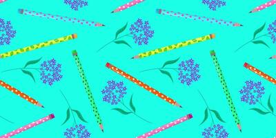 delicate seamless pattern with colorful pencils and blue myosotis flowers on light background for back to school learning vector