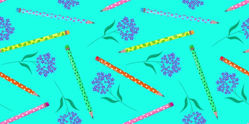 delicate seamless pattern with colorful pencils and blue myosotis flowers on light background for back to school learning