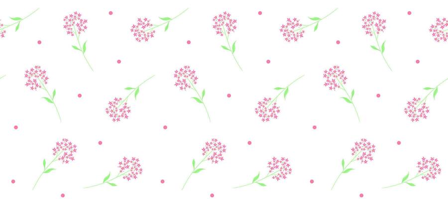 seamless delicate pink phlox flower pattern with scattered polka dots on a clean white background for spring and summer designs