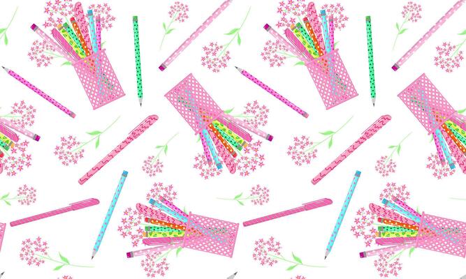 cute school office stationery seamless wallpaper pattern with floral elements and pens on white background for decor web design girl textile