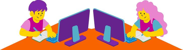 online learning element, boy and girl studying at computers, remote education, isolated flat illustration vector