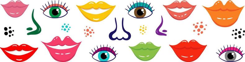 colorful flat facial features set isolated eyes lips noses smiles modern graphic elements for web design and decoration vector
