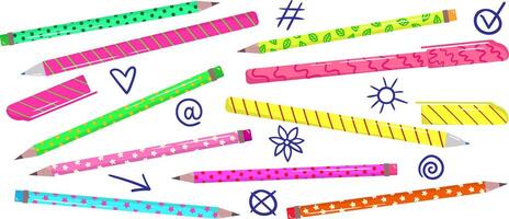 colorful isolated set of pencils and pens with doodle elements for back to school learning and bright flat web design vector