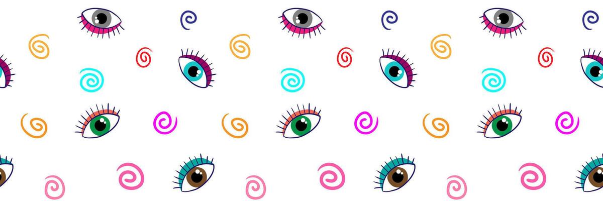 seamless abstract pattern with colorful cartoon eyes and spiral shapes on white background for textile and web design