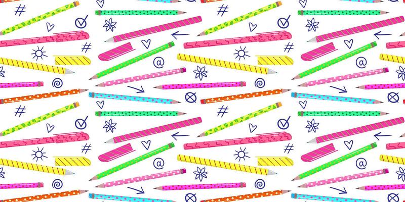 modern flat art stationery seamless background pattern with colorful pens pencils and hand drawn doodles for web design