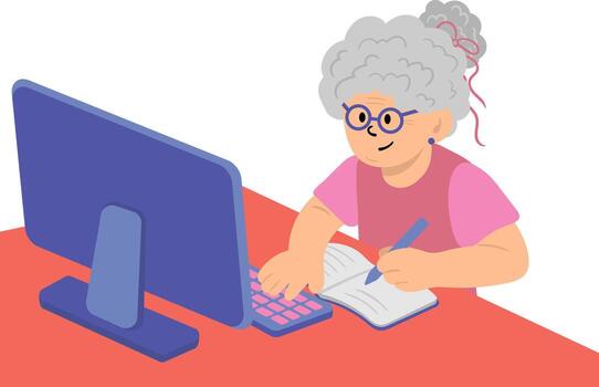 grandma at computer flat graphic for e-learning and technology access for older adults digital literacy concept vector