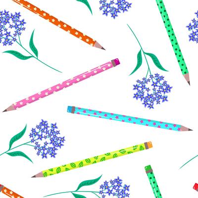 cheerful stationery seamless wallpaper pattern bright pencils myosotis flowers on clean white backdrop education design