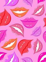 seamless pattern with cartoon smiling lips on pink background, colorful pop art style for textile and fun design day of smiling laughter vector