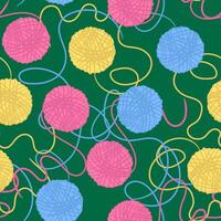 seamless pastel yarn ball pattern with tangled threads on a dark green background ideal for knitting and craft projects vector