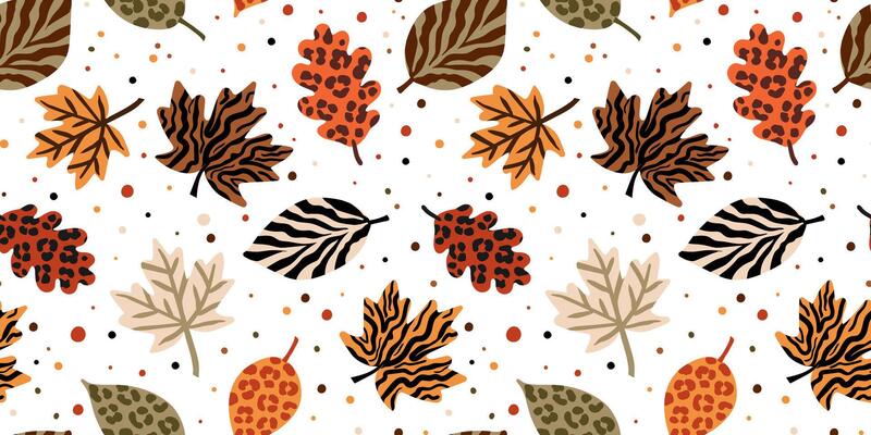 seamless fall leaves pattern with animal skin textures and scattered dots autumnal backdrop for fabric textile or wrapping paper design