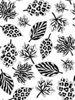 black line art seamless pattern with autumn leaves and animal prints flat graphic on white background trendy fall poster wallpaper design vector