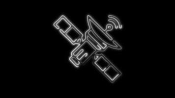 Glowing Satellite Icon and Symbol in Neon Animation on Black Background video