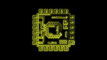 Glowing CPU Icon and Symbol in Neon Animation on Black Background video