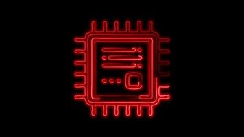 brilhando microchip ícone e símbolo dentro néon animação em Preto fundo video