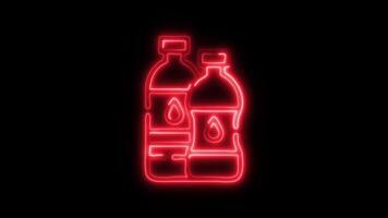 Glowing Water Bottle Icon and Symbol in Neon Animation on Black Background video