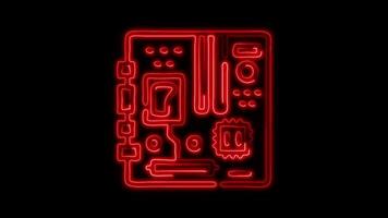 Glowing Motherboard Icon and Symbol in Neon Animation on Black Background video