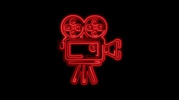 Glowing Videocamera Icon and Symbol in Neon Animation on Black Background video