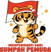 Youth Pledge Sumpah Pemuda Tiger with Red White Flag and Headband Spirit Icon vector