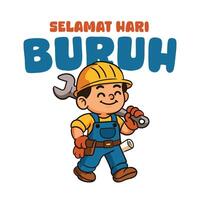 Happy Labor Day Selamat Hari Buruh Worker Character in Uniform Holding Tools with Proud Smile vector