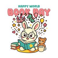Happy World Book Day Hari Buku Sedunia Bunny Joyfully Reading and Writing with Big Smile vector