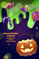 Halloween party invitation with candies and pumpkin vector