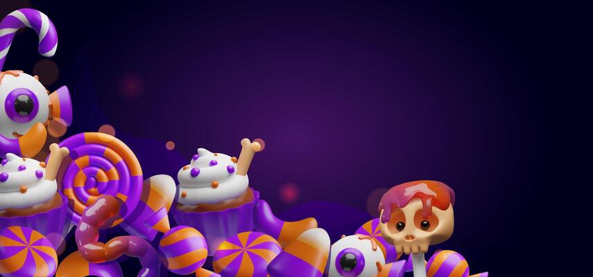 Halloween-themed 3D banner. Creepy candies, cupcakes with bones, jelly worms, blood-dripped skull lollipop, eyeball sweets. Festive design is for headers, flyers, digital ads, seasonal promotions.