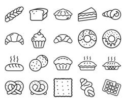Bakery Icons Bread, Cupcake, Cake Slice, Waffle, Pretzel, Pie, Donut, Croissant Line Art vector