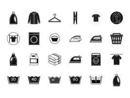 Laundry Line Art Symbols Washer, Detergent, Iron, Clothing and Care Icons vector