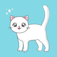 Cute white cat in cartoon anime style. Anime cat character. Cute standing cat with big eyes in cartoon style vector