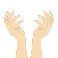 Hands raised reaching to the sky. Outstretched hands isolated on white background vector
