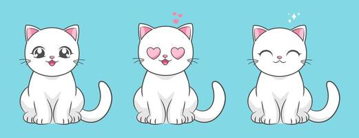 Cute white cat in anime style with different face expressions. Anime cartoon cat character vector