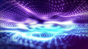 beschwingt 3d Welle von glühend Partikel im Bewegung, Bildung ein abstrakt, futuristisch Landschaft im lila und cyan Töne. Ideal zum Technik, Daten, oder Digital Hintergrund Konzepte. nahtlos Schleife video