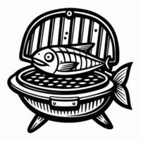 Grilled Fish Illustration on Charcoal Barbecue Grill Black and White Design vector
