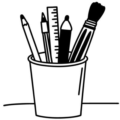 Art supplies cup with pencil, ruler, pen, brush and marker creative stationary tools for writing, drawing, and sketching