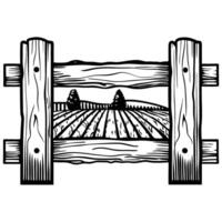 Wooden fence with rural field and trees, rustic countryside illustration, agriculture and landscape concept vector