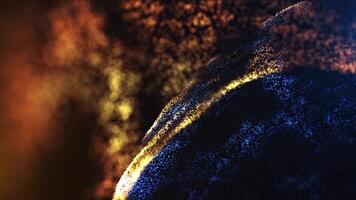 elegante resumen antecedentes con fluido oro y azul partículas en un oscuro fondo, creando un lujo, cósmico, festivo y mágico atmósfera para movimiento diseño o presentaciones sin costura lazo 4k video