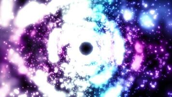 Vivid abstract animation of a glowing black hole surrounded by swirling particles in purple, blue, and white colors. Ideal for sci-fi, cosmic, or futuristic visual effects projects. video