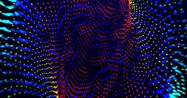 Colorful glowing dots in rainbow gradient creating wavy, abstract motion on dark background, perfect for futuristic technology, data visualization, party and music backgrounds video